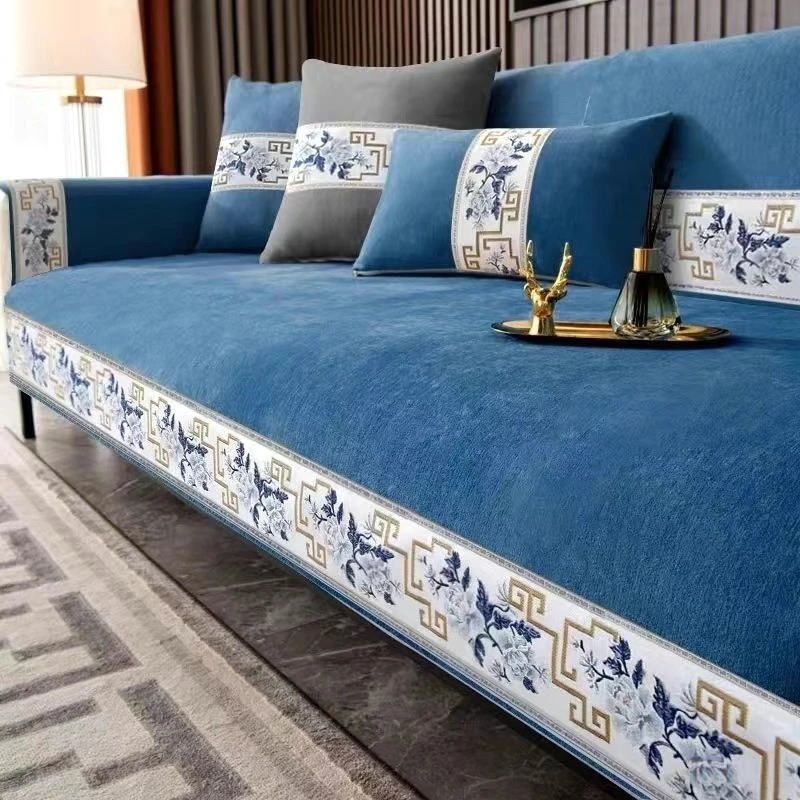 青花瓷雪尼尔防滑简约新中式沙发垫