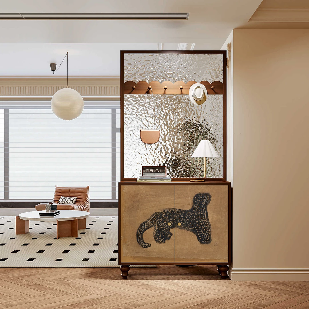 法式复古抽象玄关柜实木水纹玻璃入户门屏风隔断客厅收纳储物鞋柜