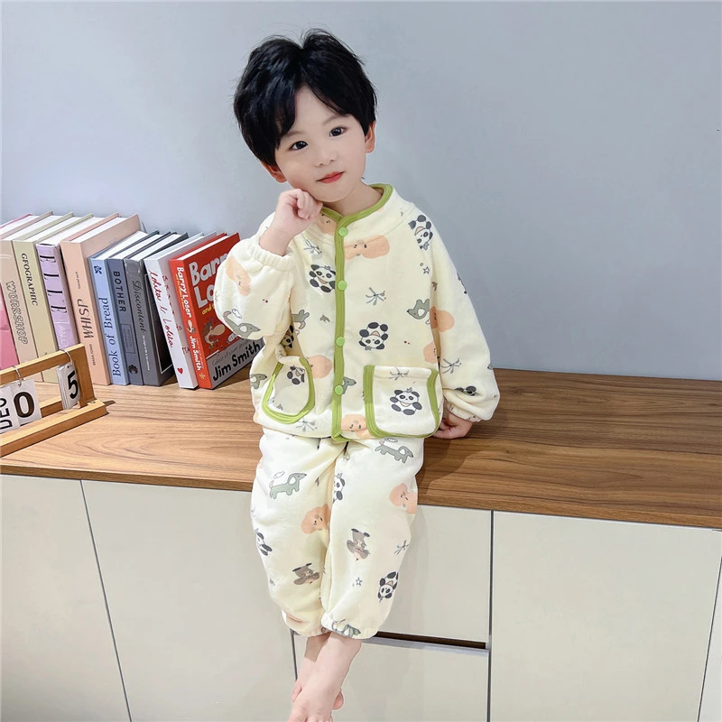 高品质儿童家居服套装秋冬款珊瑚绒立领开衫加厚加绒保暖男童睡衣