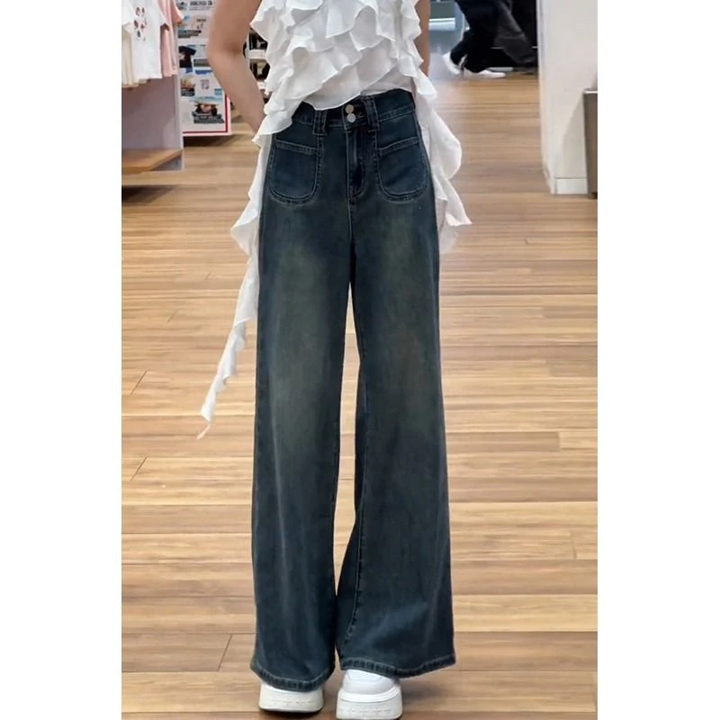 2025新款深蓝色复古阔腿牛仔裤女宽松遮跨牛仔裤宽松牛仔阔腿裤