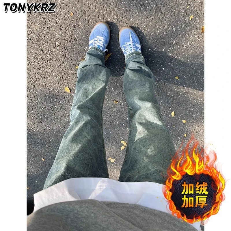 TONYKRZ浅蓝色直筒牛仔裤男弯刀显瘦裤子美式高街加绒加厚微喇裤