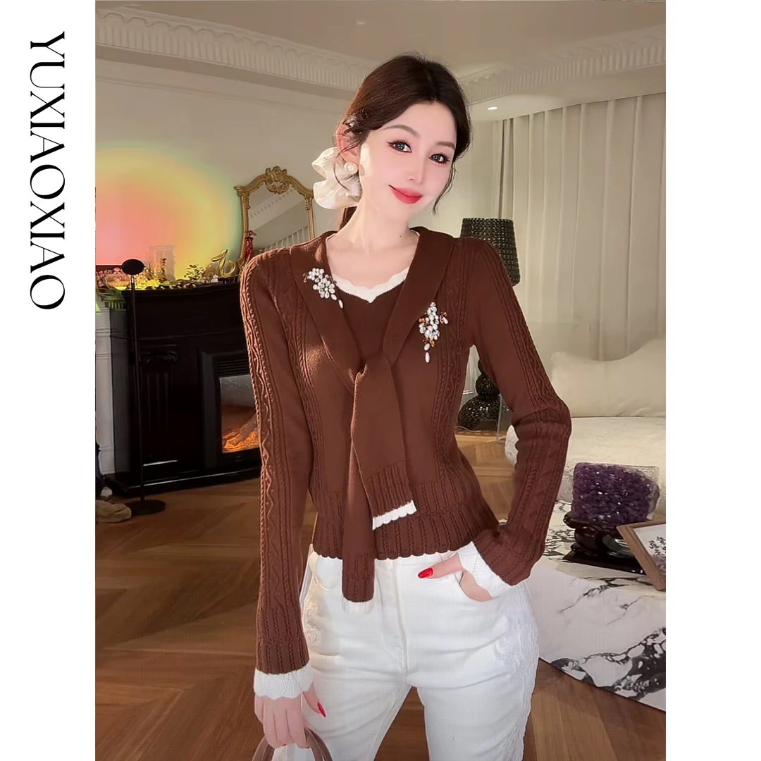 余潇潇【榛果摩卡】山羊绒桑蚕丝混纺拼精致珠饰假俩件披肩系带毛衣