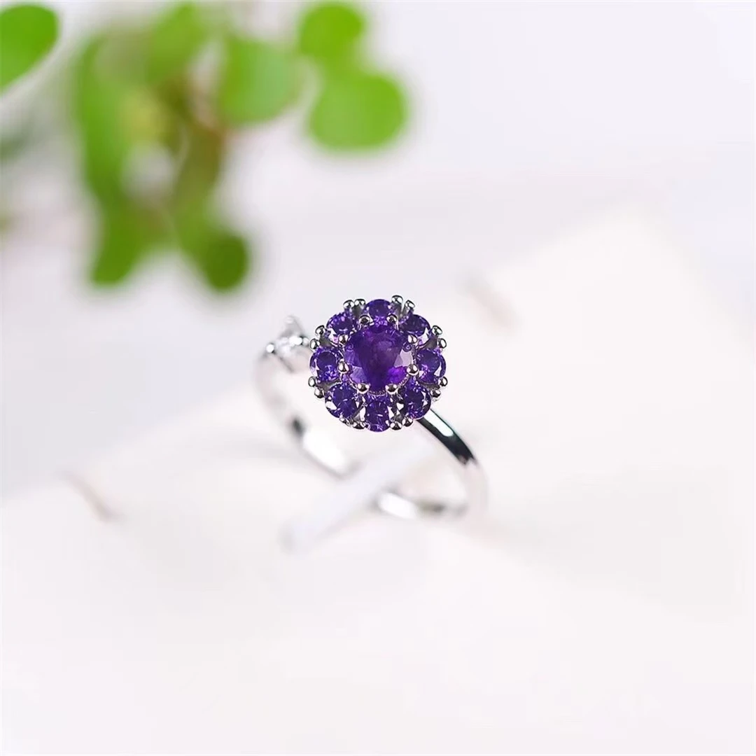 天然紫水晶戒指925银戒指风车花 火彩足紫色