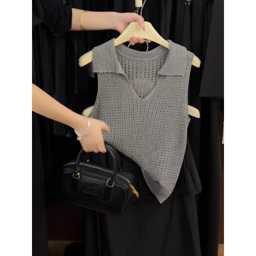 法式复古灰色镂空polo领针织无袖背心女夏季外穿薄款坎肩翻领上衣