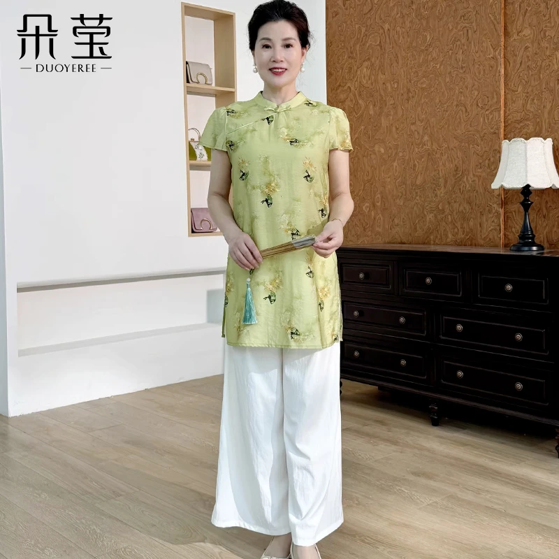 新款妈妈夏套装中年女洋气新中式T恤小衫中老年时尚印花两件套50