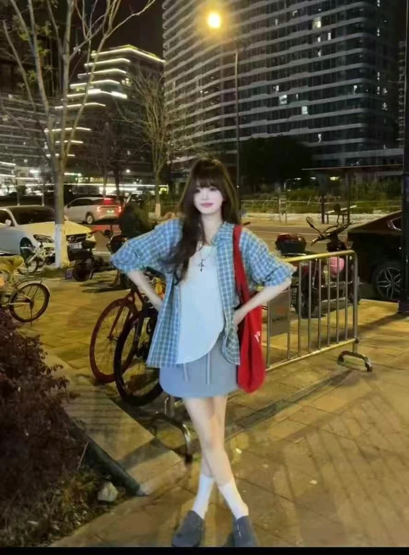YANG YANG新款蓝色格子衬衫外套半身裙三件套宽松时尚百搭#4355