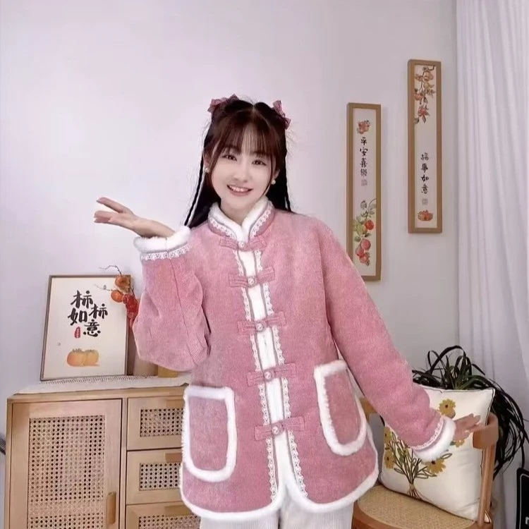 外套女冬季中式盘扣中国风花棉袄冬装加绒复古女款棉服