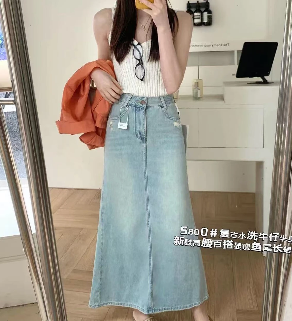 4825号5800#百搭破边口袋休闲显瘦后下摆开叉牛仔半身裙