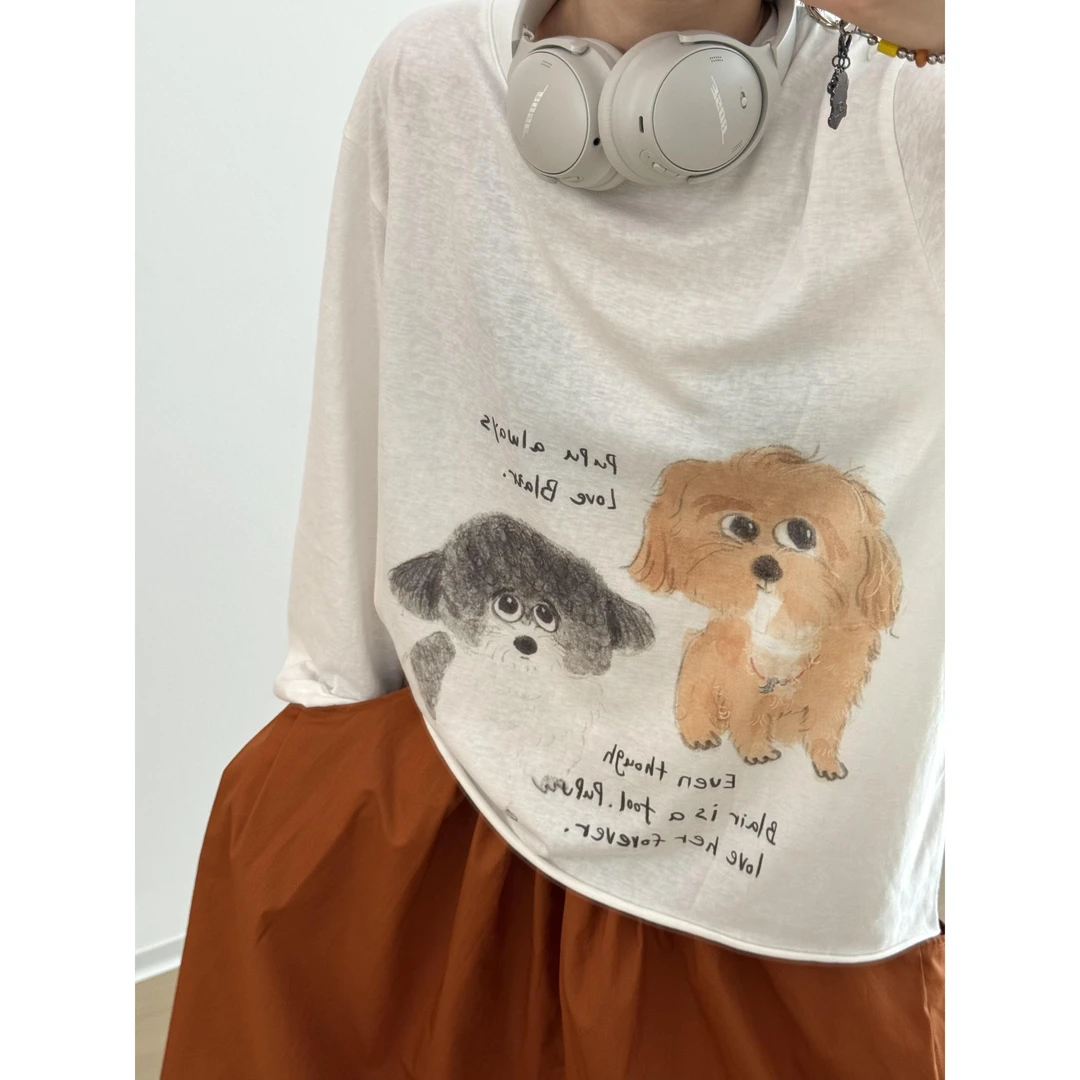 ICE通圆领宽松长袖小狗T恤秋季宽松型