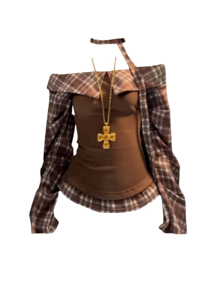 Amy家 微胖mm甜辣妹复古飘带一字肩T恤女设计感格子拼接显瘦上衣