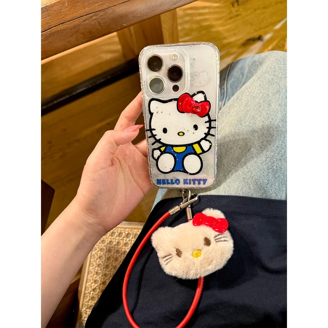 适用苹果16手机壳iPhone15/14pro可手提闪粉蝴蝶结KT猫手机保护套