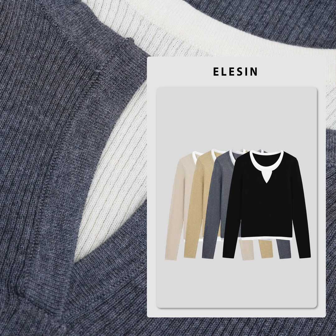 ELESIN【叠袖轻织】法式撞色假两件针织长袖上衣  MY250612