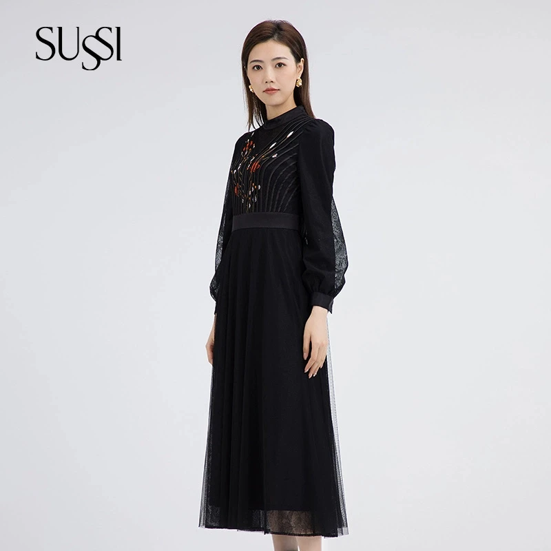 「宠粉节专属款」SUSSI/古色新品黑色立领网纱蕾丝刺绣宫廷风连衣裙