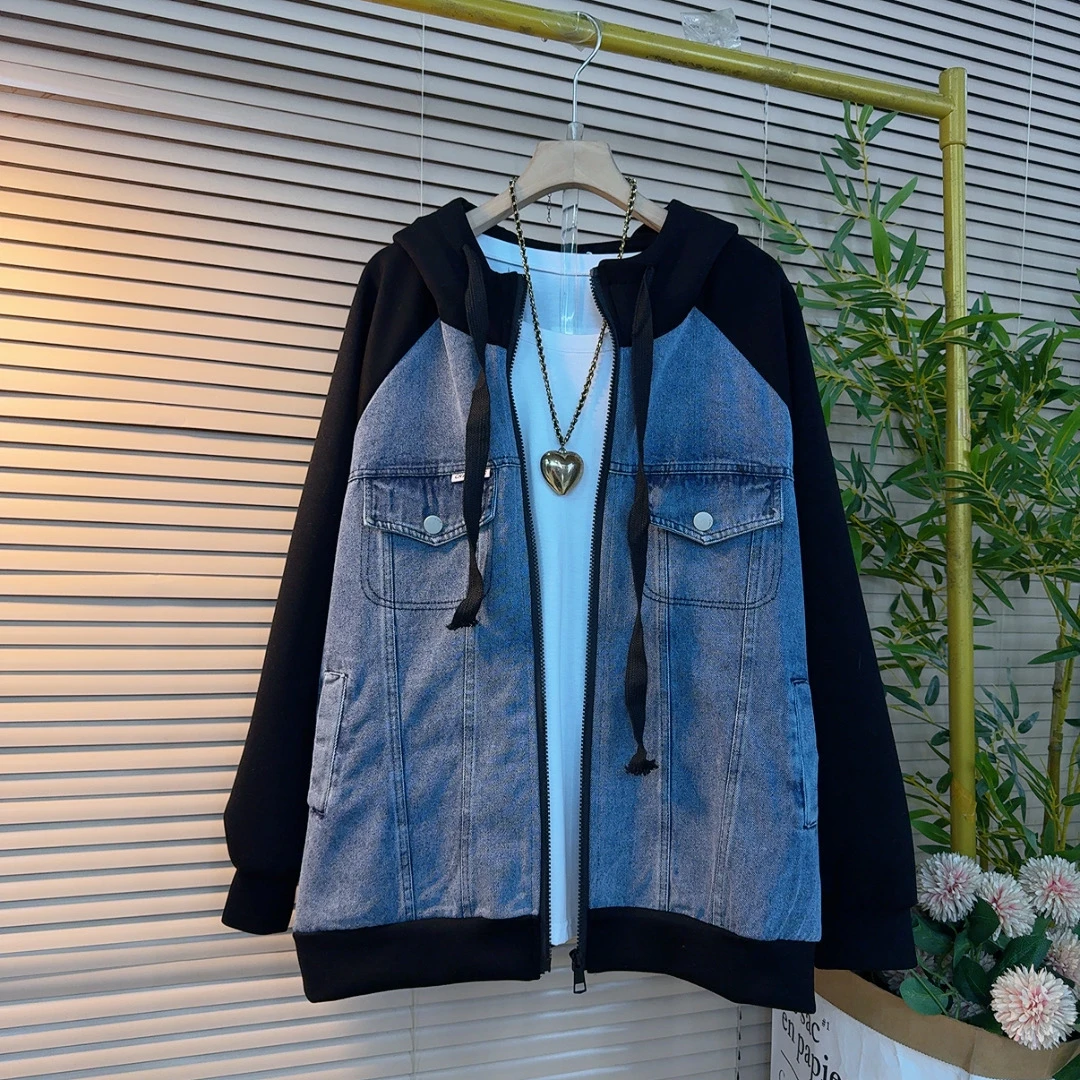 396胖妹妹春季新款时尚休闲百搭款拼色水洗牛仔连帽外套