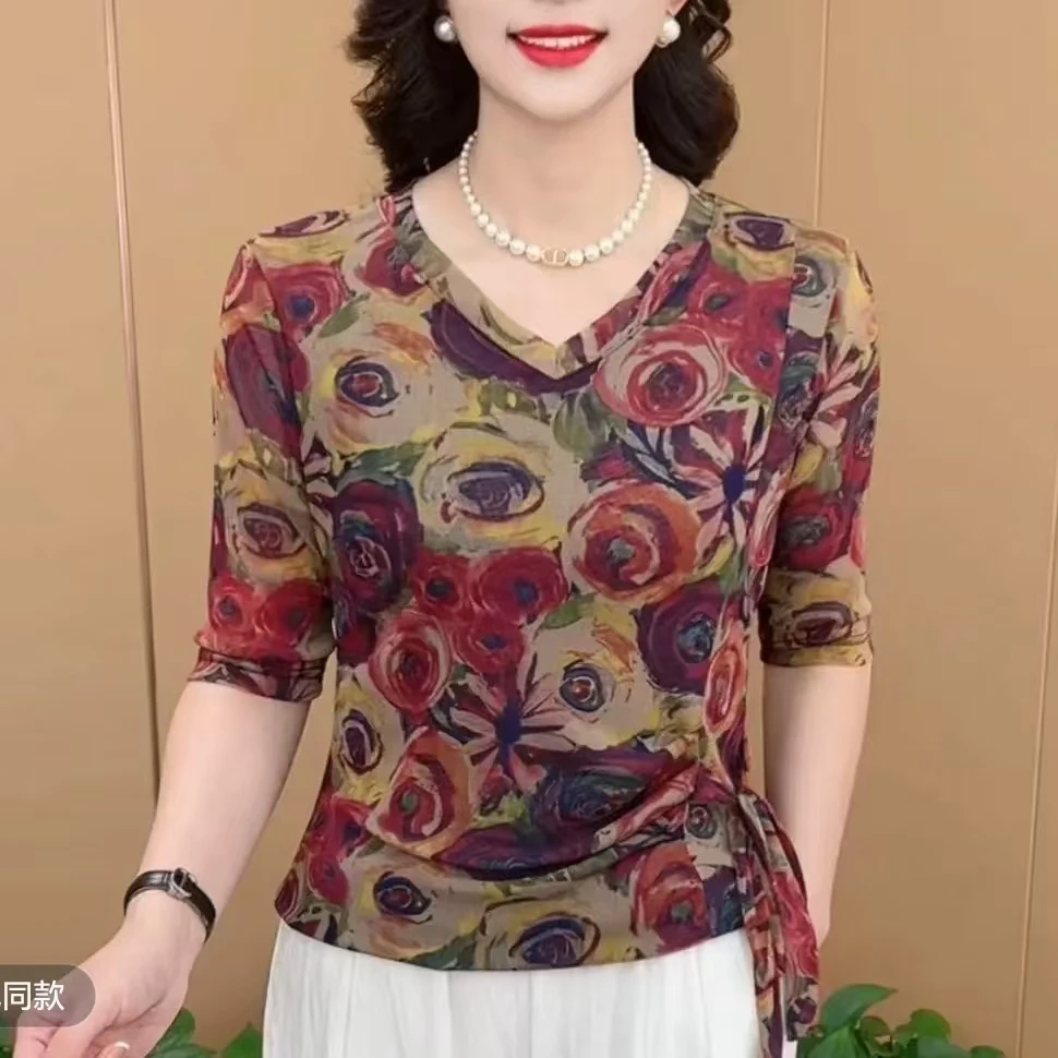 早秋新款时尚V领收腰系带设计妈妈装休闲气质百搭女士打底衫