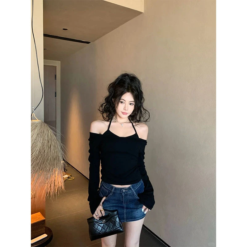 辣妹风一字肩拼接假两件挂脖修身长袖上衣女高腰复古休闲牛仔短裙