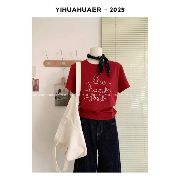 【显白神器】东大门韩版夏款红色字母印花显白百搭休闲短袖T恤3010
