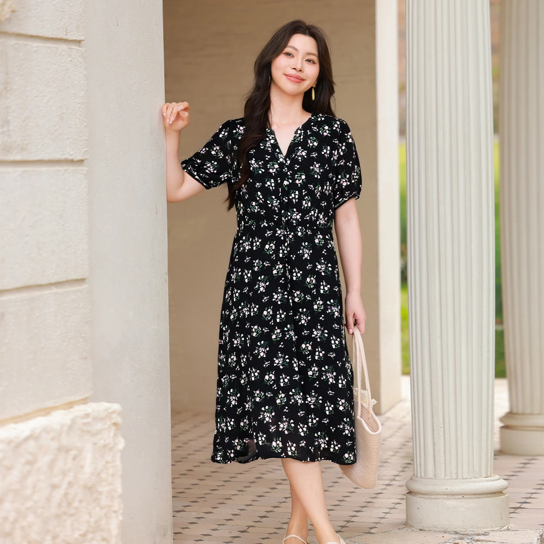 雪纺收腰碎花连衣裙MsShe大码女装巨显瘦裙子夏天连衣裙M2505050