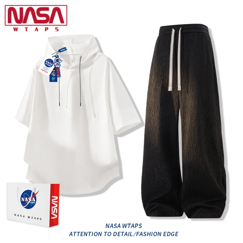 NASA WTAPS连帽短袖t恤套装男夏季薄款冰丝休闲裤运动穿搭一整套