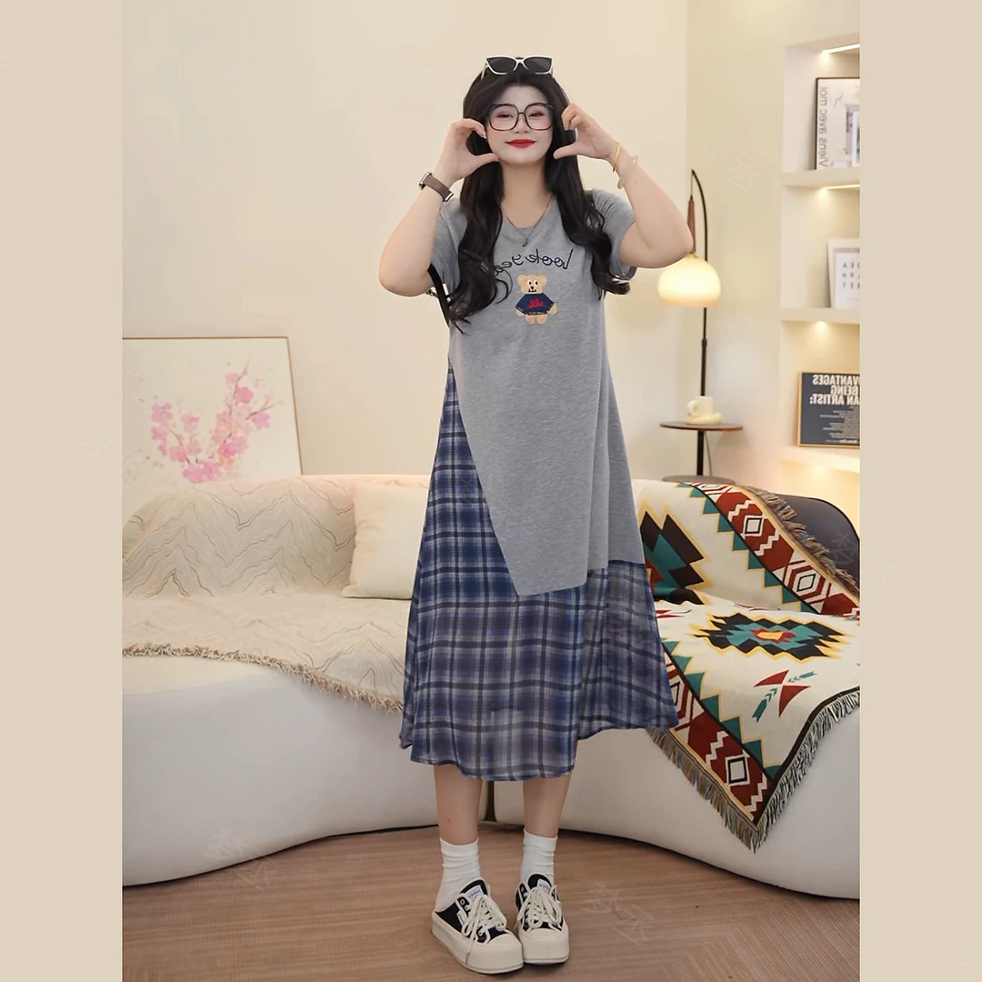 梦丞-假两件设计感大码女装胖mm夏季拼接时尚显瘦短袖连衣裙女