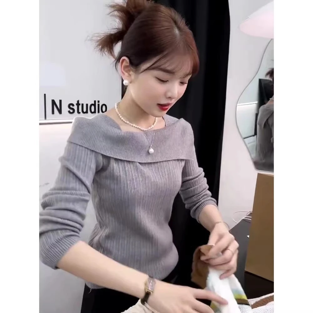 春秋洋气时髦气质一字领设计感小众毛衣别致独特套头针织衫上衣女