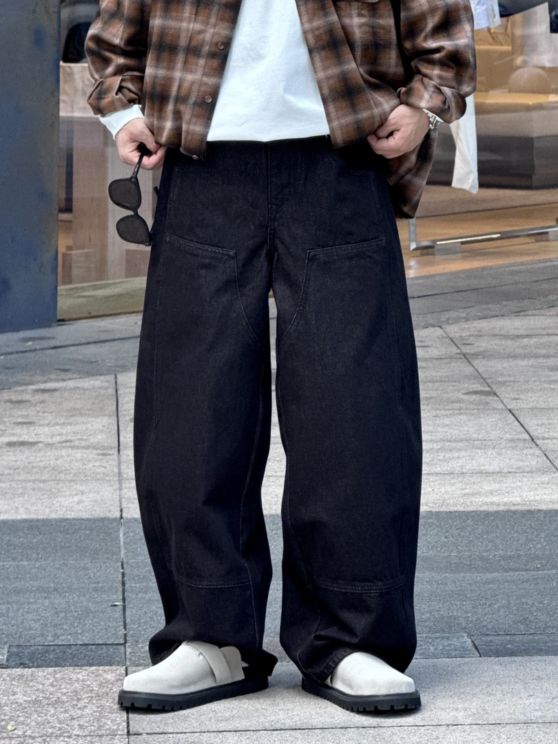 [7m 25SS]美式工装牛仔男秋季时尚复古水洗拼接宽松直筒阔腿弯刀