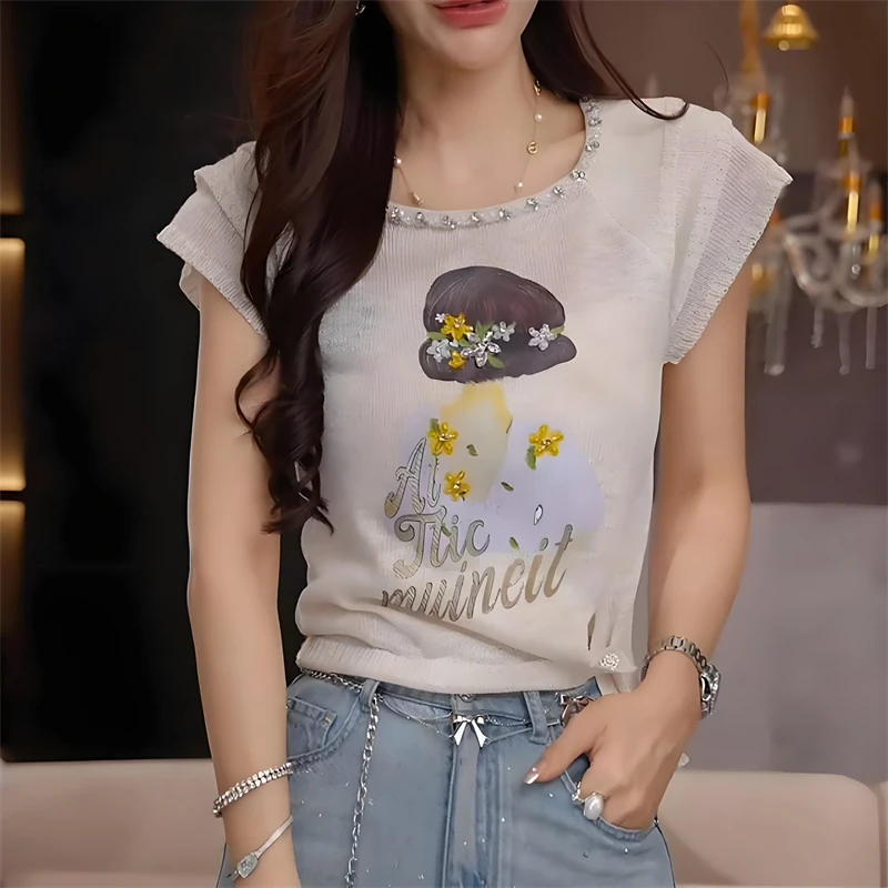 圆领串钻字母印花设计感小飞袖针织衫女夏季新款韩版时尚修身上衣