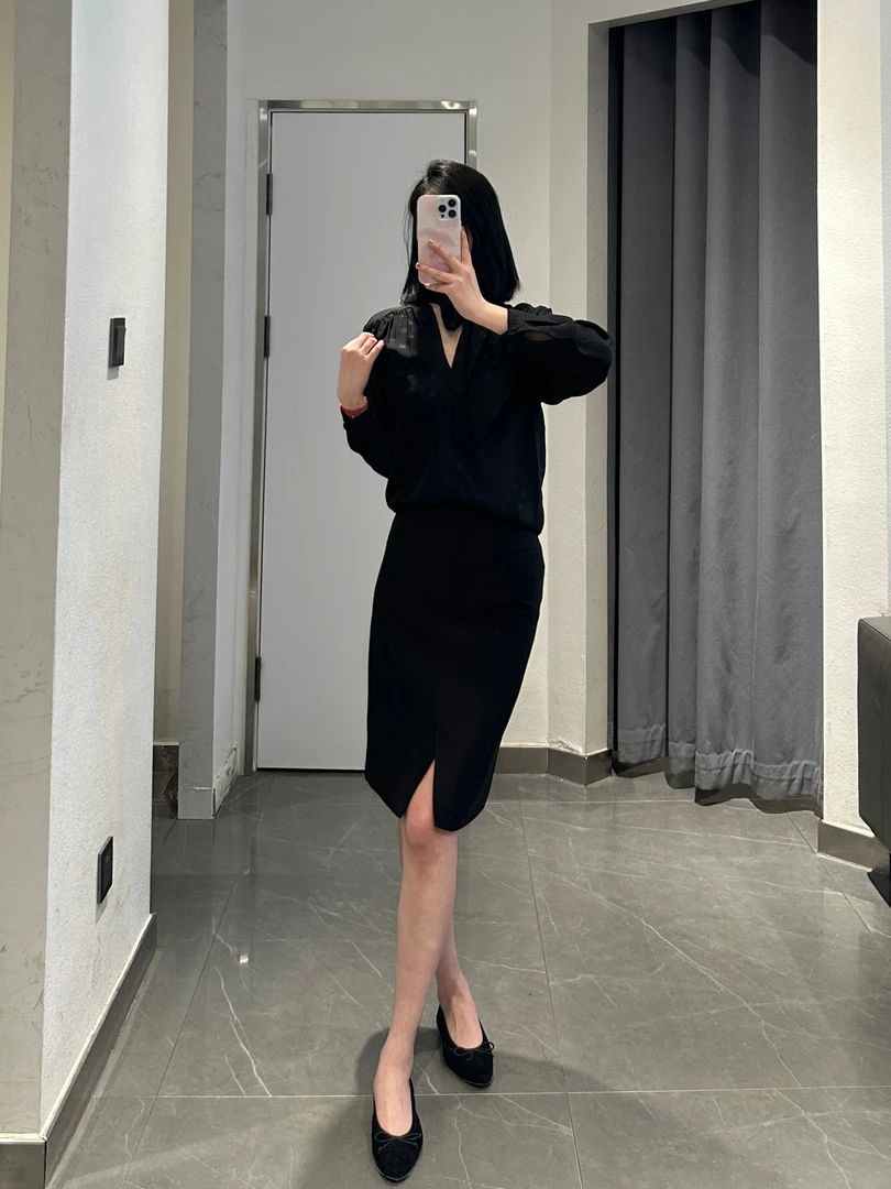 F3566一字口袋开叉直筒半身裙