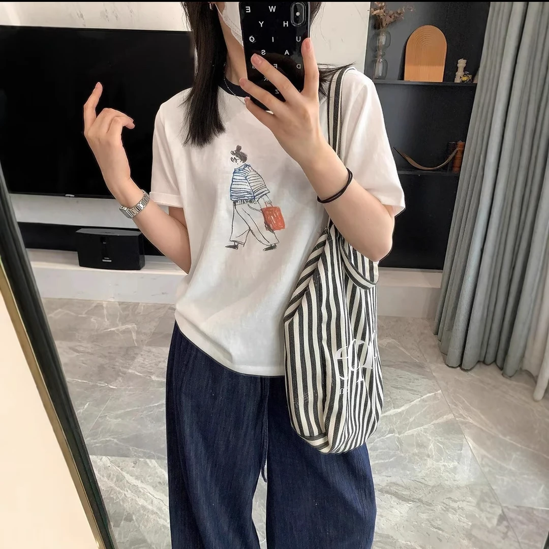 休闲风卡通短袖印花烫印拼接T恤休闲半袖清凉感F59#