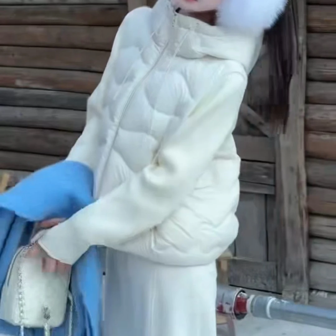 112时尚潮流保暖拼接休闲厚款白色宽松型韩版连帽秋冬中长款棉服