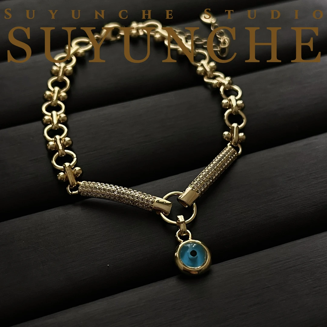 铜合金合成锆石手链 Suyunche2290个性欧美蓝眼浅金色灵动手链