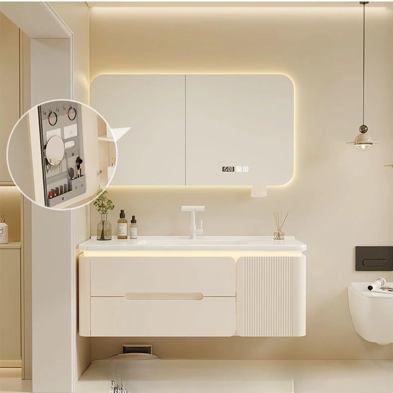 奶油橡木圆角浴室柜组合陶瓷一体洗手卫生间洗手盆洗脸盆镜柜洗漱