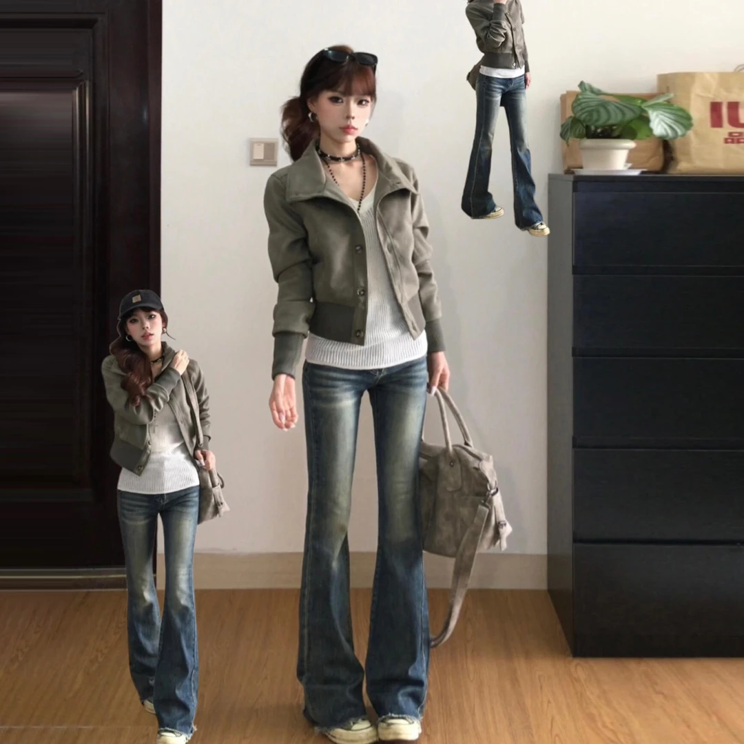 美式复古立领夹克外套女早秋季收腰显瘦设计感短款开衫上衣机车服