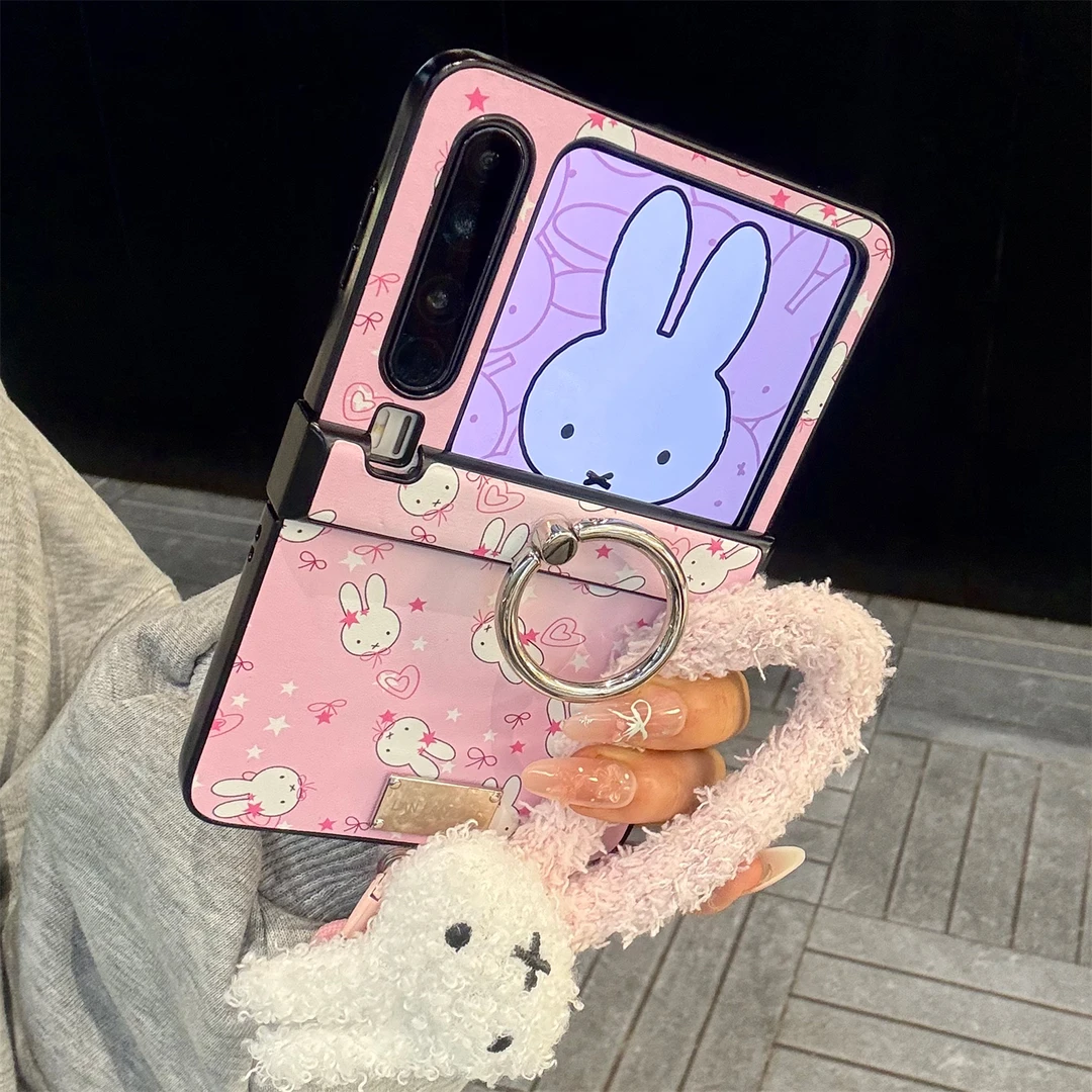 适用华为purax典藏版手机壳粉色皮质pocket2米菲兔金属指环扣手绳