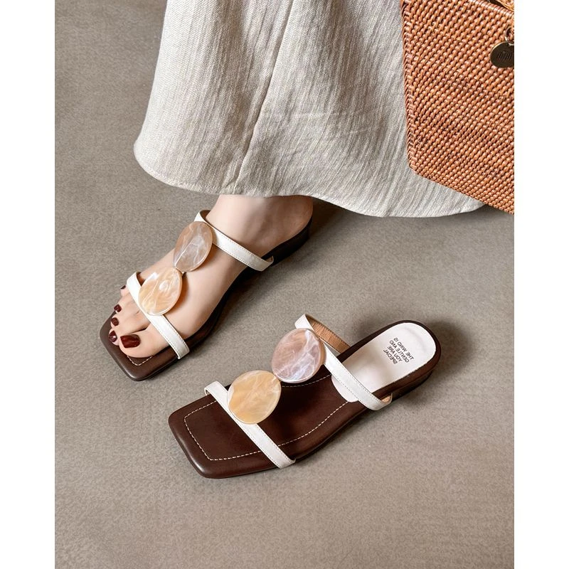 跟高2.5CM/高颜值方头露趾拖鞋女夏外穿真皮百搭低跟凉拖