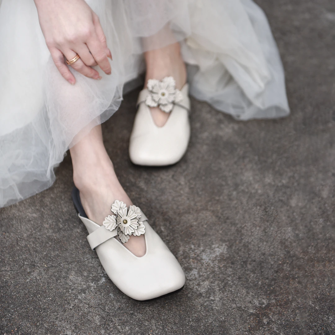 Artmu阿木原创包头半拖鞋女外穿头层牛皮花朵平底女款新款6876