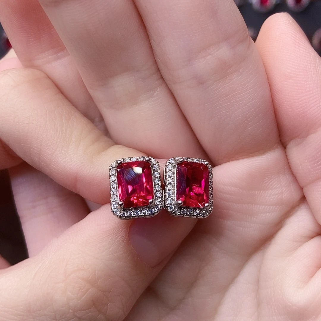 银S925镶嵌耳饰红宝石