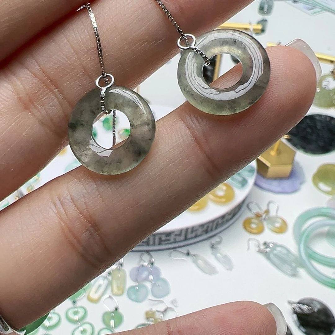 翡翠银S925镶嵌耳饰天然缅甸A货翡翠