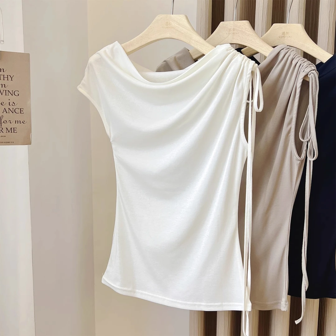 白色短袖t恤女夏季新款设计感辣妹收腰抽绳一字肩荡领无袖上衣潮