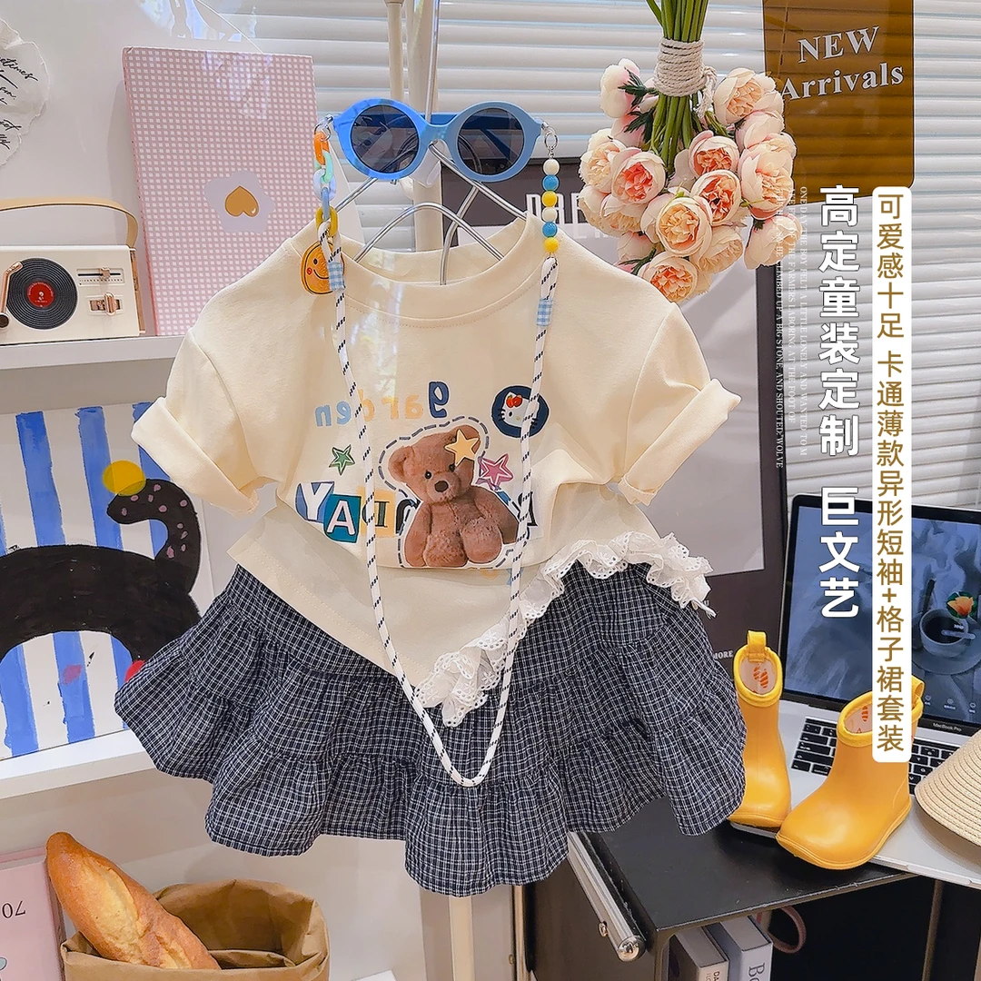 2025新款女童短袖套装夏季可爱短裙两件套开叉花边短袖韩版洋气