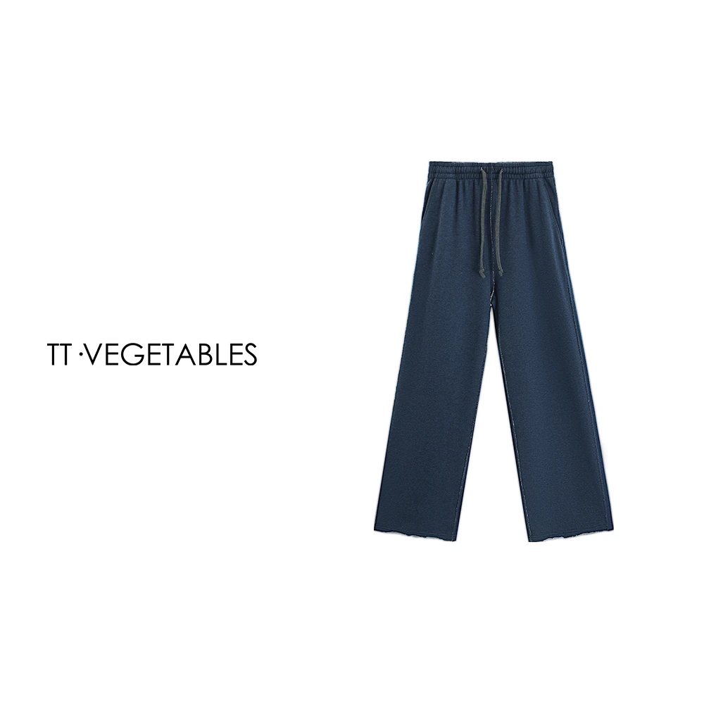 噢芬小个子【蓝帆】柔软垂顺花纱棉显瘦休闲裤明线解构翻边裤521773