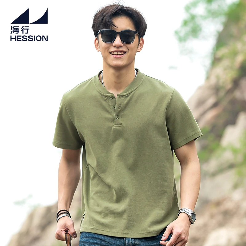 海行军绿色260g半袖纯棉休闲短袖亨利衫男夏季美式复古正肩T恤
