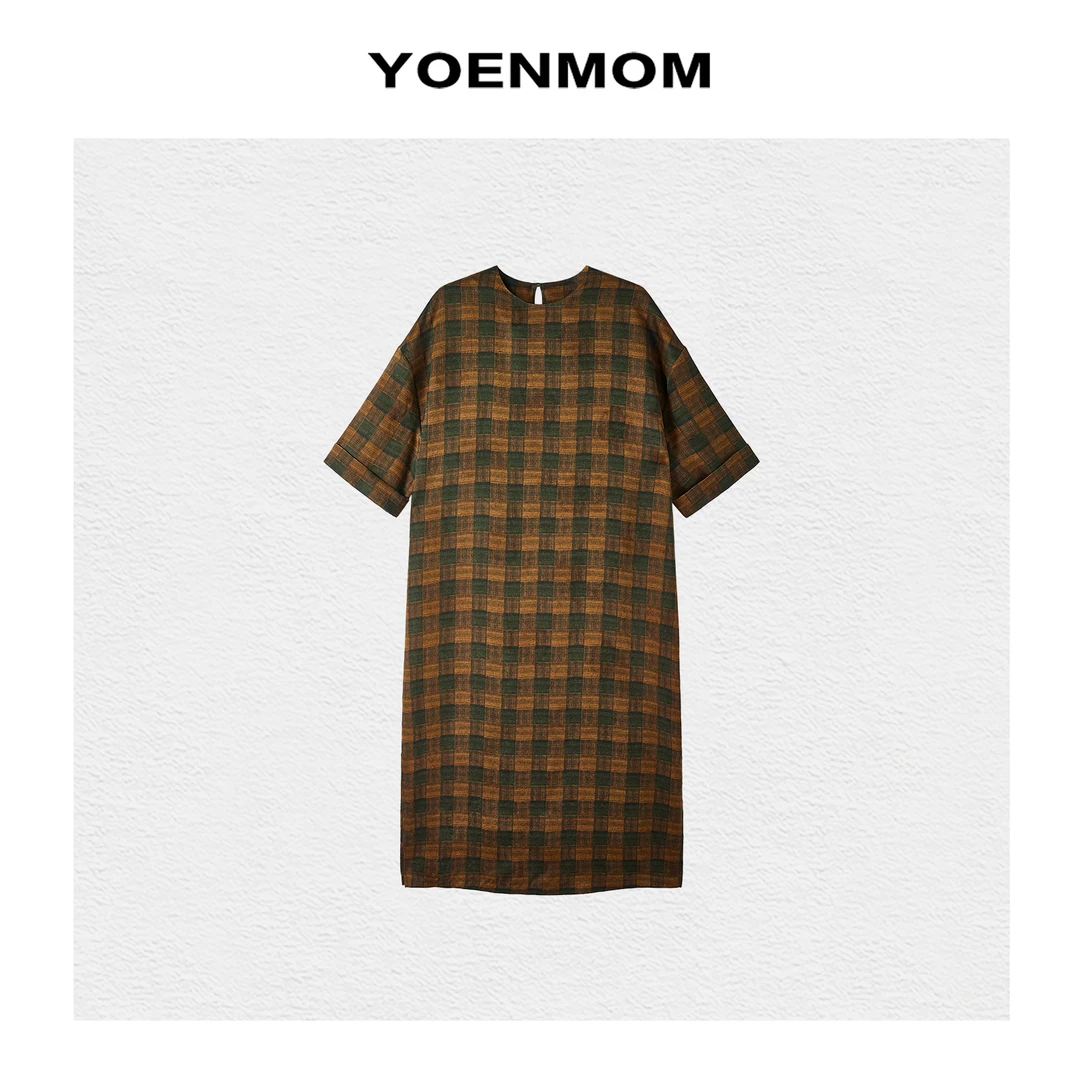 YOENMOM·茶马古道·100桑蚕丝香云纱复古格纹国风禅意老钱调连衣裙