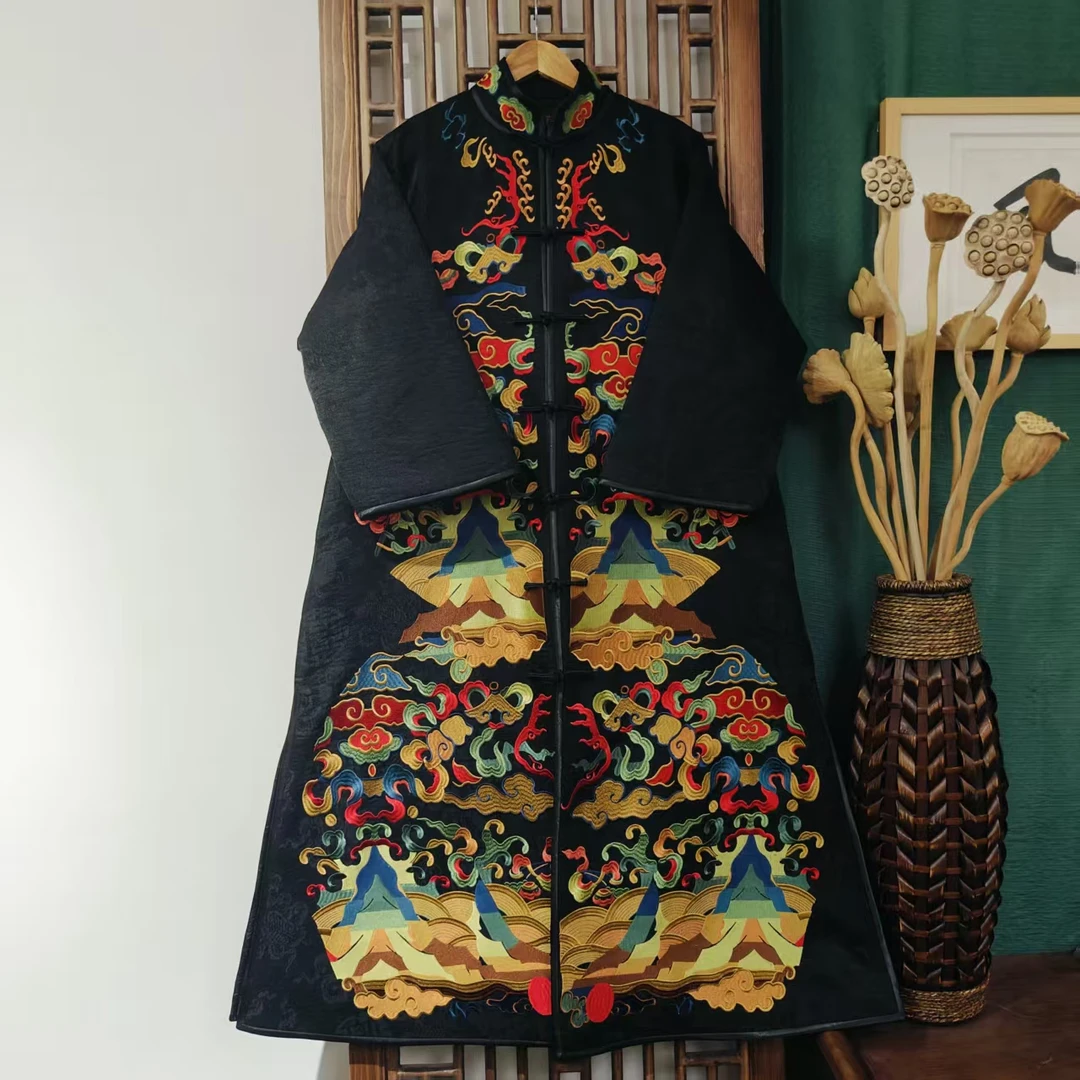 棉（LS702-2）凤徕兮私人定制黑色福禄底大葫芦刺绣对襟立领长棉服