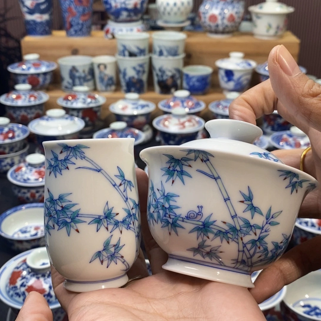 斗彩君子竹两件套手绘原矿