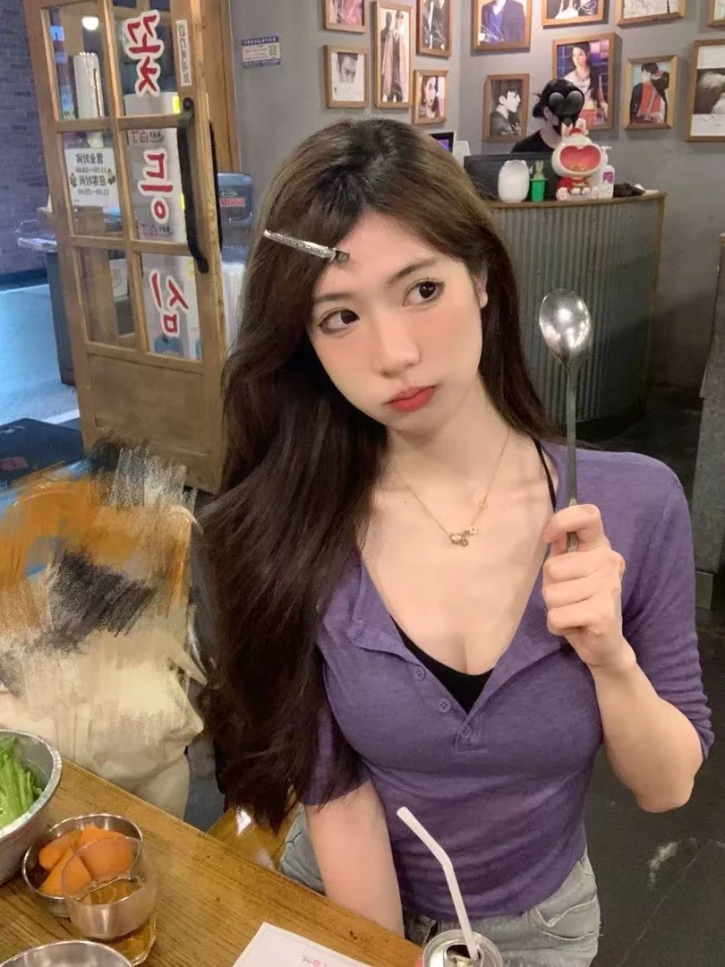 6105夏季新款薄款修身显瘦半开领打底V领半袖T恤上衣