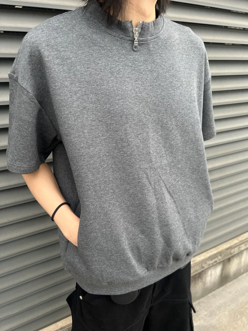 【慌慌】夏季重磅太空棉设计感拉链圆领宽松休闲T恤男女同款D2277