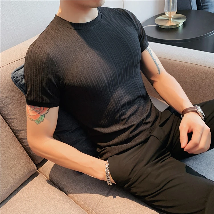 2025新款短袖t恤男修身弹力紧身打底衫夏季黑色冰丝体恤半袖上衣T