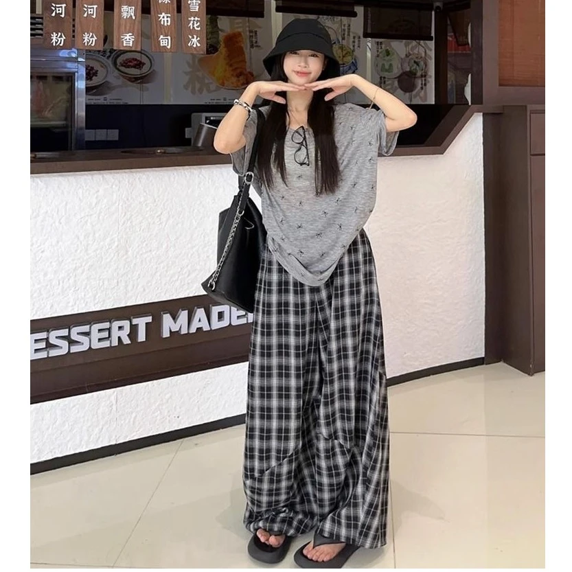 2025新款慵懒风套装短袖宽松T恤搭配休闲高腰格纹阔腿长裤两件套