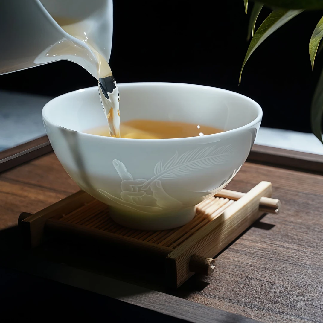 纯手工雕刻玉手羽毛青白瓷高档品茗主人茶杯